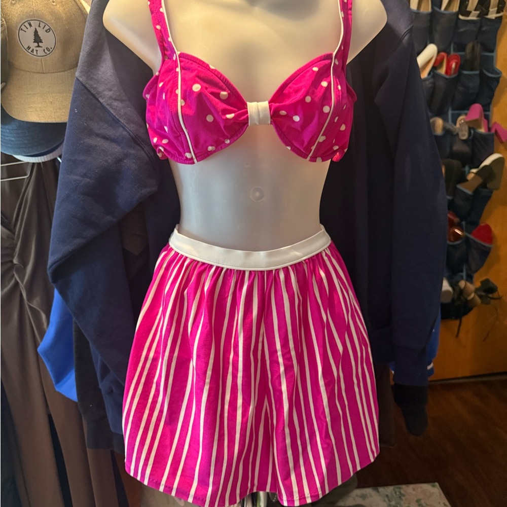 VINTAGE 70s Pink Polka Dot Bikini Top and Striped Shorts Set